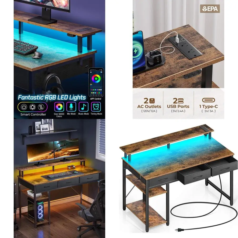 

Computer Desk with Power Outlets & LED Light, 39 inch Home Office Desk with 3 Drawers and Storage Shelves, Writing Desk with Mon