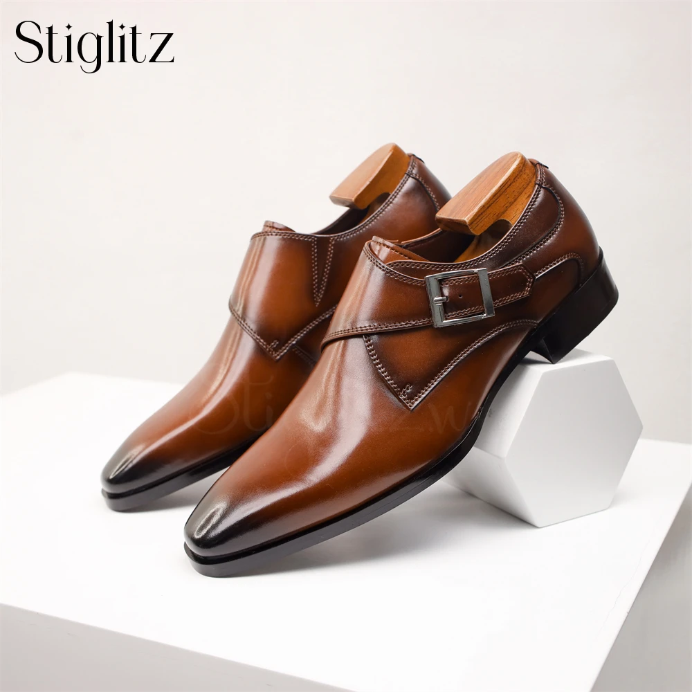 

Almond Toe Monk Shoes for Men Metallic Buckle Leather Shoes Shiny Black Brown Dress Shoes for Formal Occasion Wedding Men Shoes