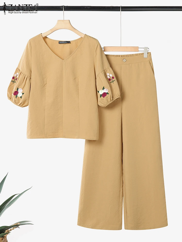 

ZANZEA Women Pant Sets 2025 Summer Vintage 2PCS Fashion Two-piece Outfits Half Sleeve Embroidery Tops Casual Elastic Waist Pants