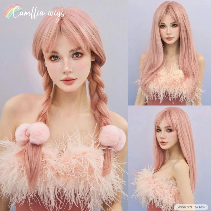 

Pink wig 26 Inch Long Straight Synthetic Wig With Bangs Natural Heat Resistant Fiber Hair Lolita Cosplay Wigs For Women Daily