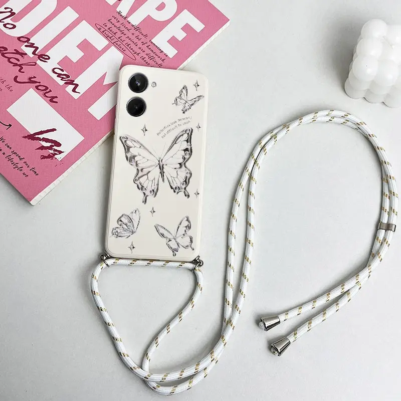 10 Silver Butterfly Lanyard Silicone Phone Case For Realme 10 10Pro 9 8Pro 10ProPlus 12 12X 10T 9Pro C65 C55 C53 C67 C25 Cover