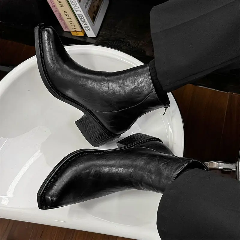 

2025 Height-Increasing Men's Thick-Soled British Style Wizard Pointed Toe Chelsea Model Show Trend Niche Pointed Toe Boots