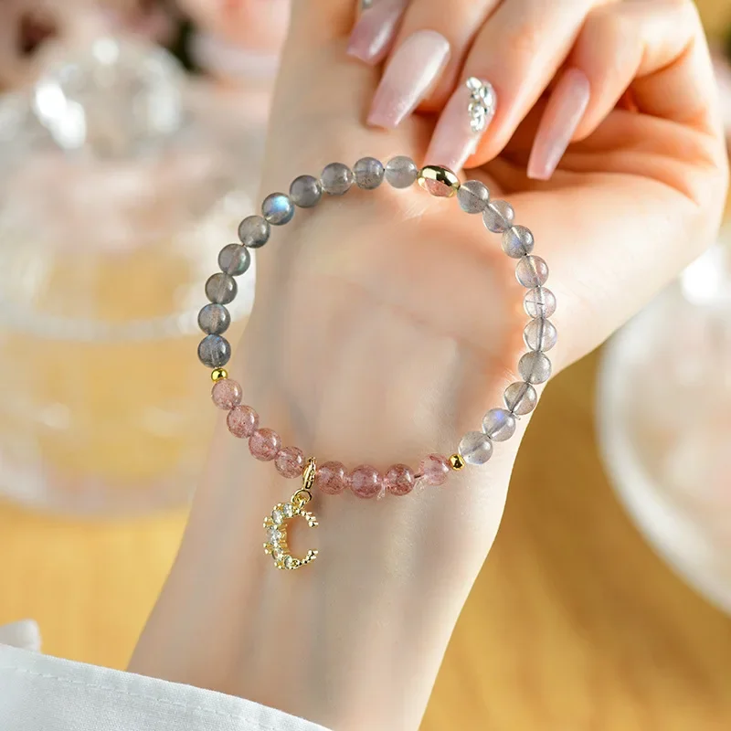 Natural Crystal Lavolite Moonlight Strawberry Crystal Bracelet Moon Pendant Original Luxury Ladies Beads Hand String Ins Jewelry