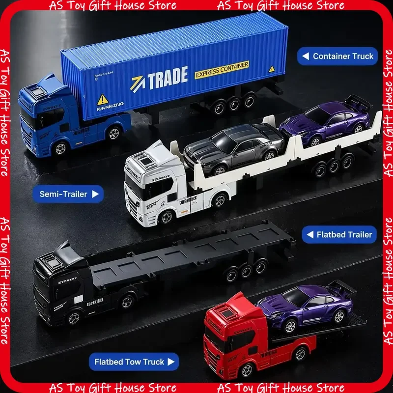 Rtr 1 64 Scale Rc Trailer Truck Alloy Remote Control Container With Flatbed Diy Includes Two Mini Sports Cars Gift For Adults view 5