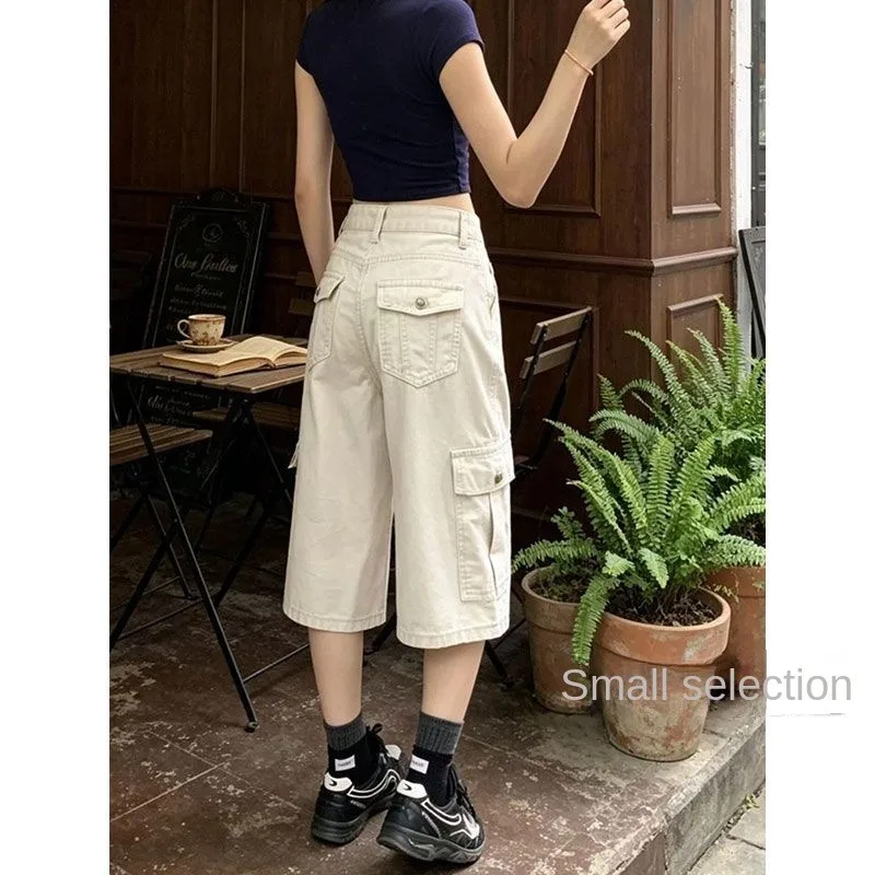 Women Jeans High Waist Cropped Pants Utility Pocket Casual Loose Straight Leg Summer for Petite