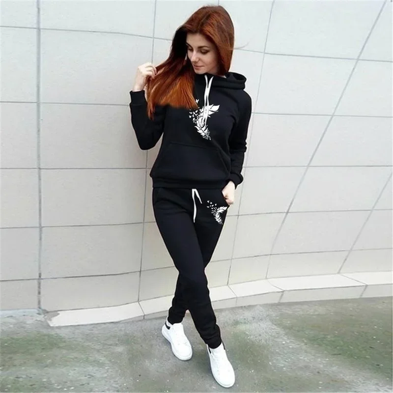 

New Fashion Women's Hoodie Set Feather Flying Swallow Print Long Sleeve Pullover Hoodie Two Piece Women's Sportswear
