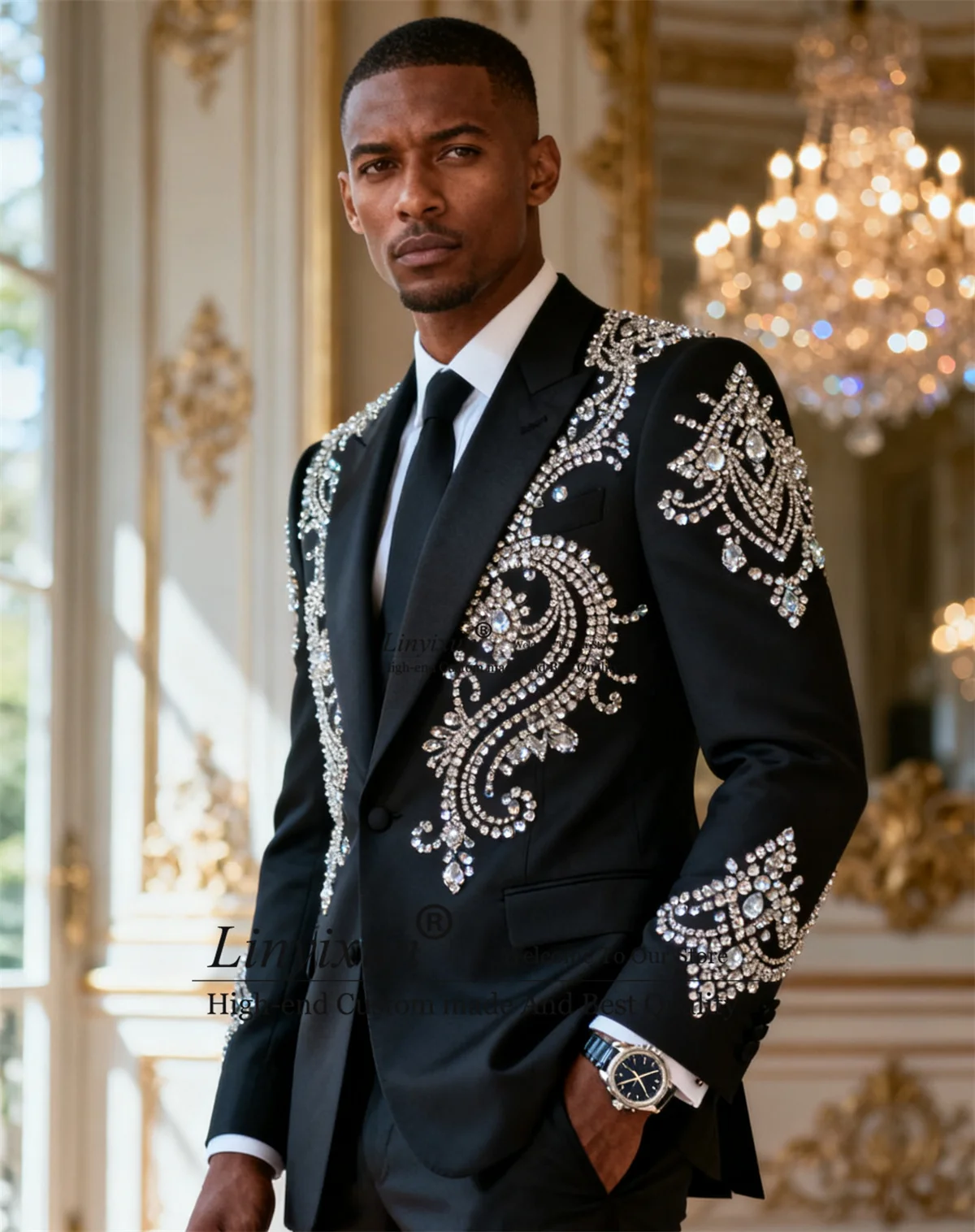 

Handsome Stone Rhinestone Men Suits Customized Slim Fit Tuxedos Costume Homme 2 Pieces Sets Groom Wedding Party Ropa Blazer