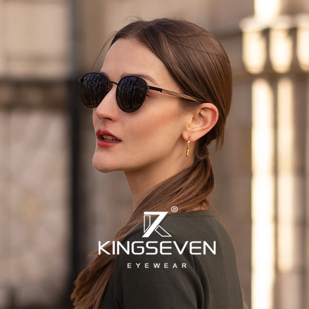 KINGSEVEN Round Walnut Wooden Sunglasses For Men Polarized UV400 Protection Lens Retro Eyewear Women Handmade Vacation Glasses