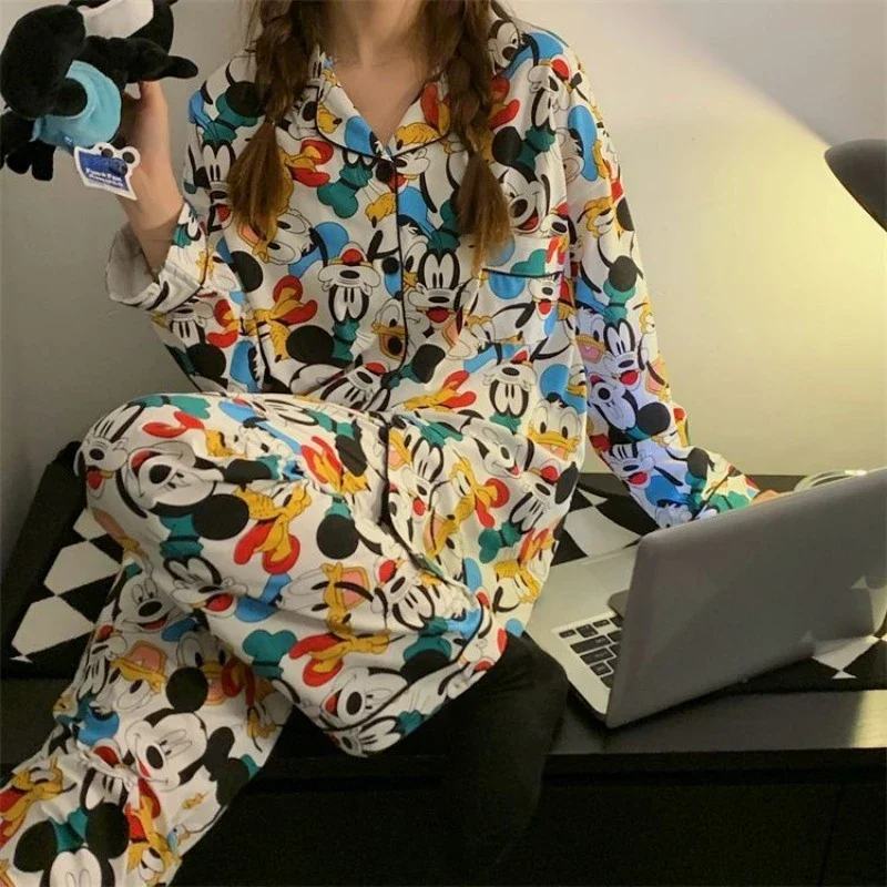 Disney Mickey Donald Duck Pluto cute cartoon girl heart spring and autumn pure cotton long-sleeved home clothes couple pajamas