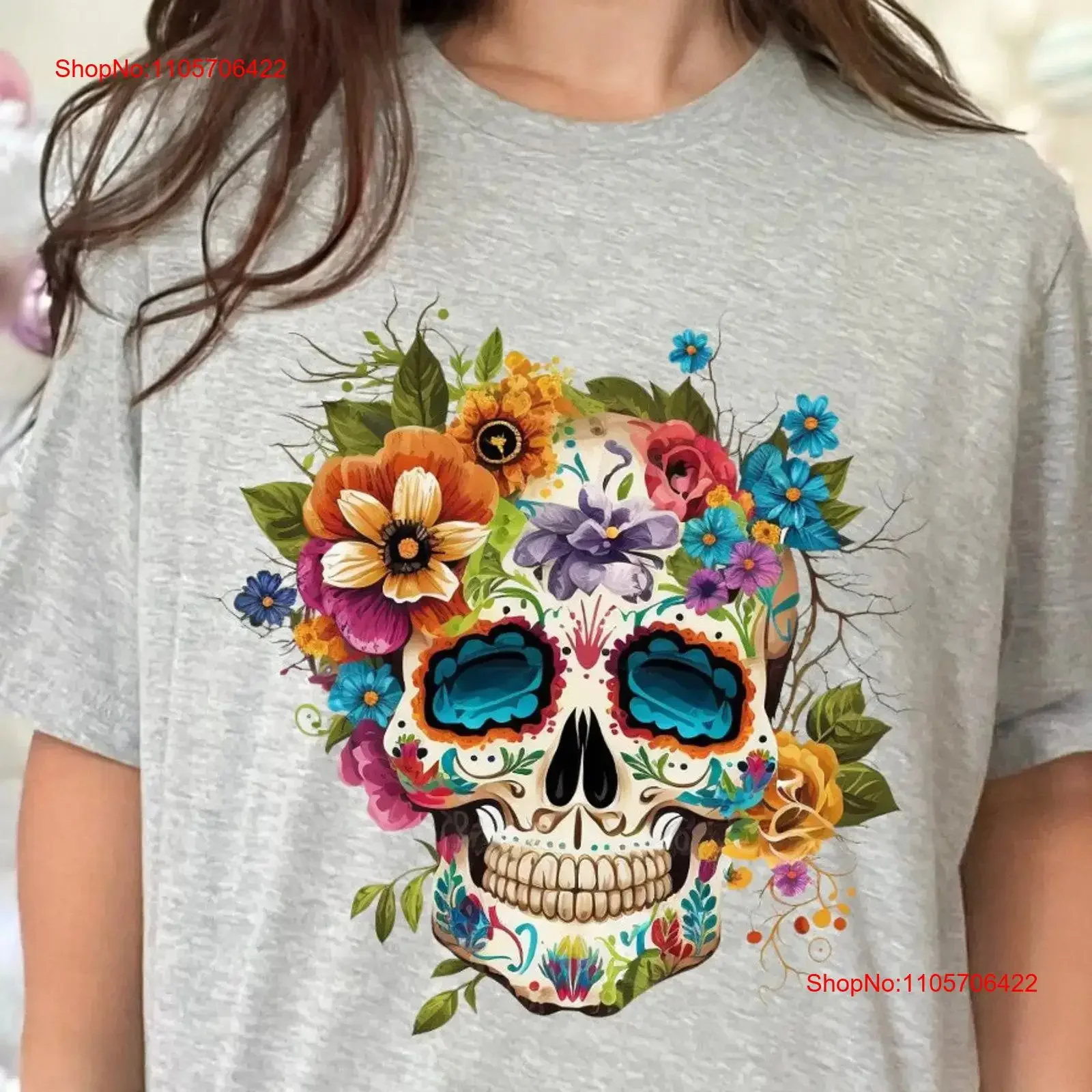 Cute Colorful Sugar Skull Flowers Dia de los Muertos T shirt Day of the Dead Mexican Halloween Costume 2023 vintage Washed