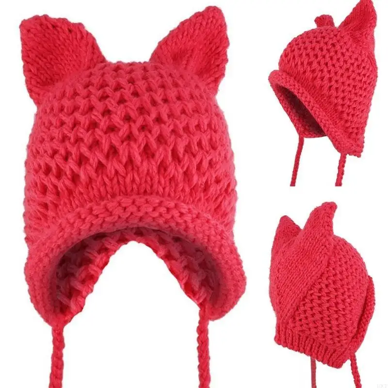 المرأة الشتاء مكتنزة قبعة متماسكة قبعة لطيف ثلاثية الأبعاد لآذان القط بلون يندبروف قبعة الأذن الدافئة مع حزام الذقن