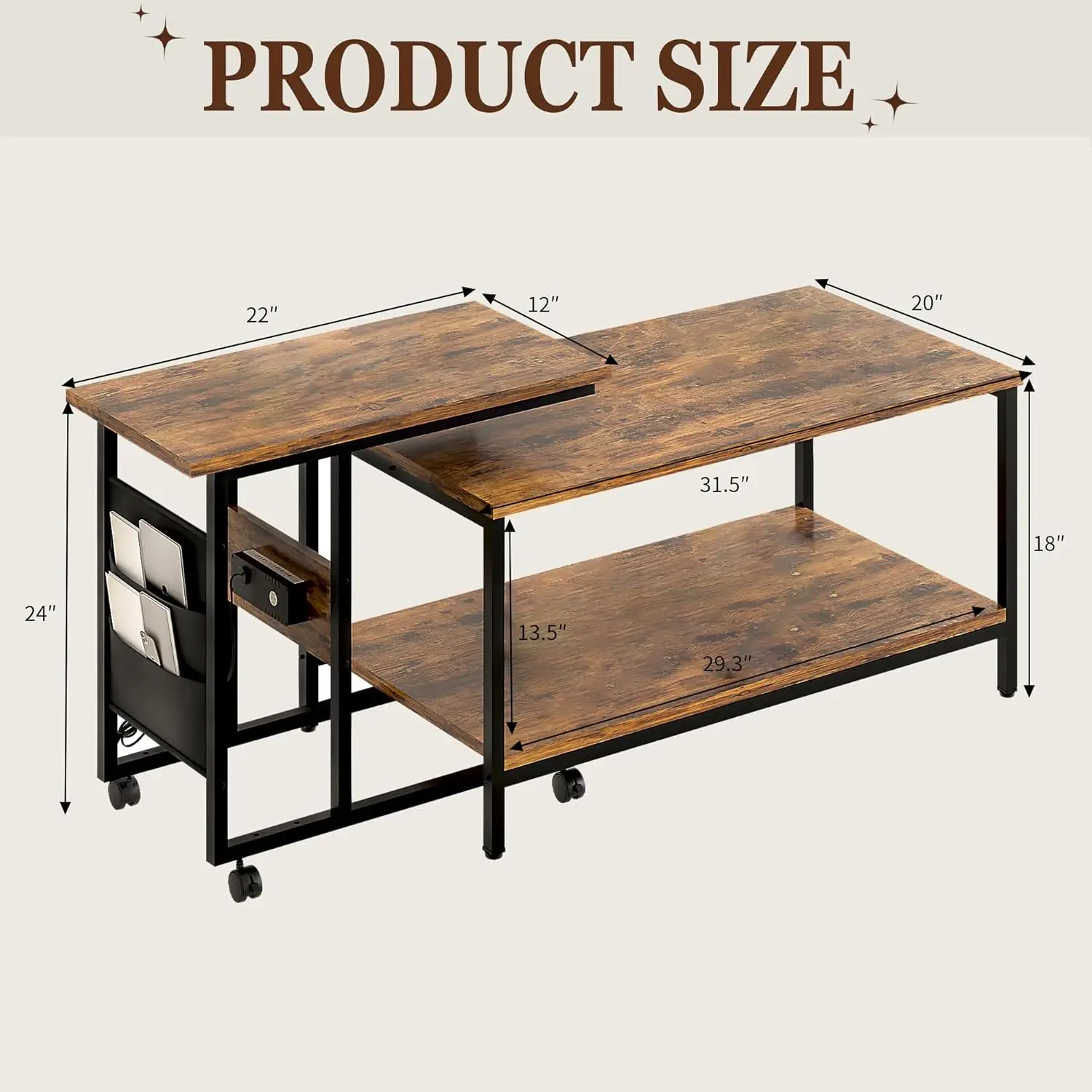 2-Piece Industrial Style Coffee Table Set - 31.5"/20" Adjustable Height Side/End Tables with USB Ports & Wheels