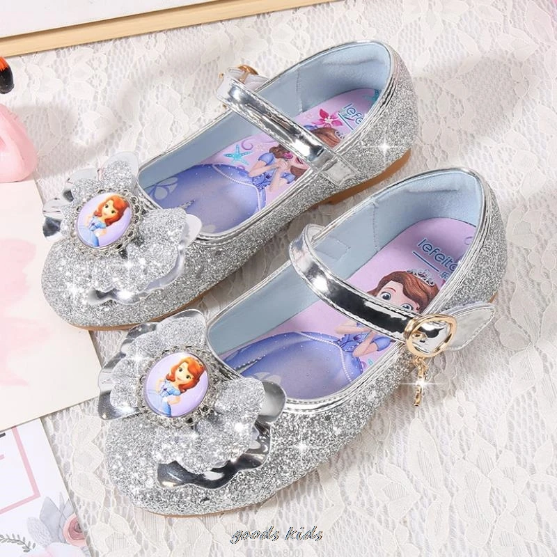 Princess Kids Leather Shoes for Girls Sofia Casual Glitter Children Flat Heel Girls Shoes Butterfly Knot Blue Pink Size 26-36