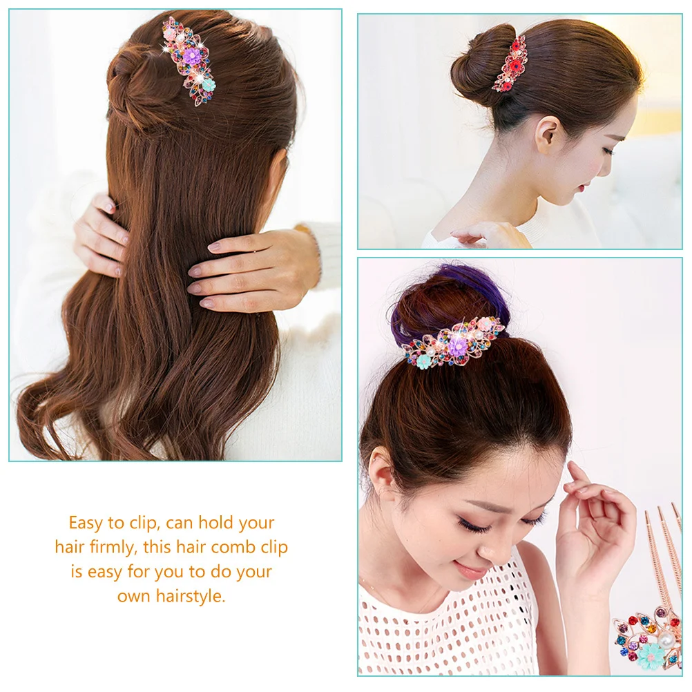 

2Pcs Flower Hair Comb Clip Rhinestone Decor Alloy Strong Hold Women Girls Headdress for Birthday Prom Honeymoon Event