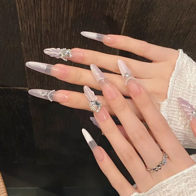 Handgemaakte pers op nagels Paars Cat Eye Kunstnagels 3D Shell Franse lange nepnagels Dames Prothetische nagelset met doos en gereedschap