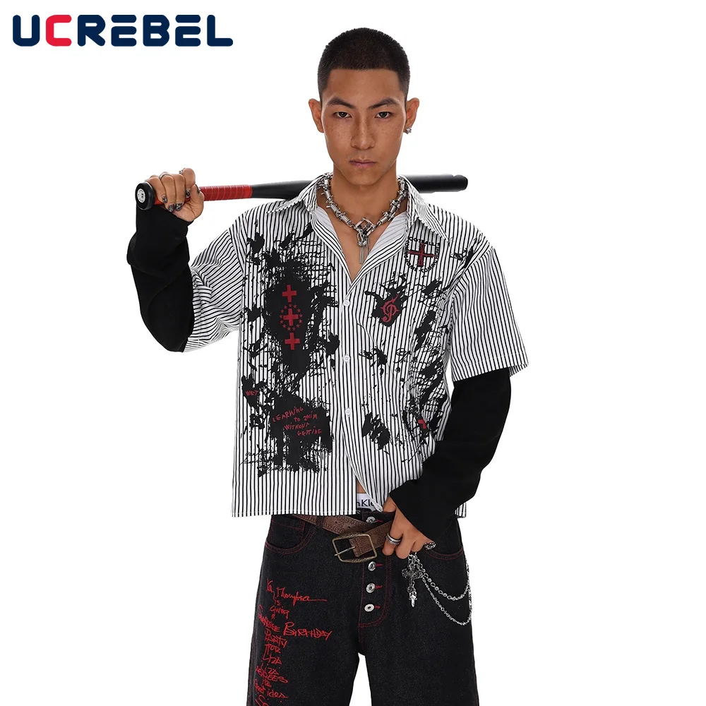 Graffiti Print Striped Fake two-piece Shirts Mens High Street Autumn Lapel Loose Long Sleeve Single Breasted Shirts Man