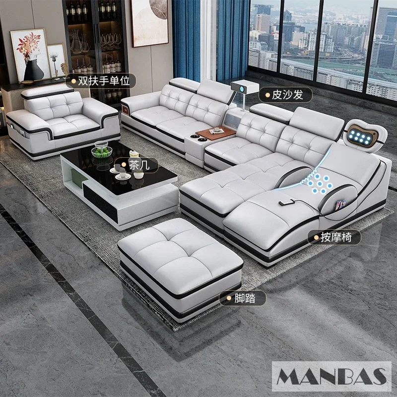 MANBAS Luxury Genuine Leather Sectional Sofa with Adjustable Headrests, Projector, Speaker and Storage for Living Room Couch