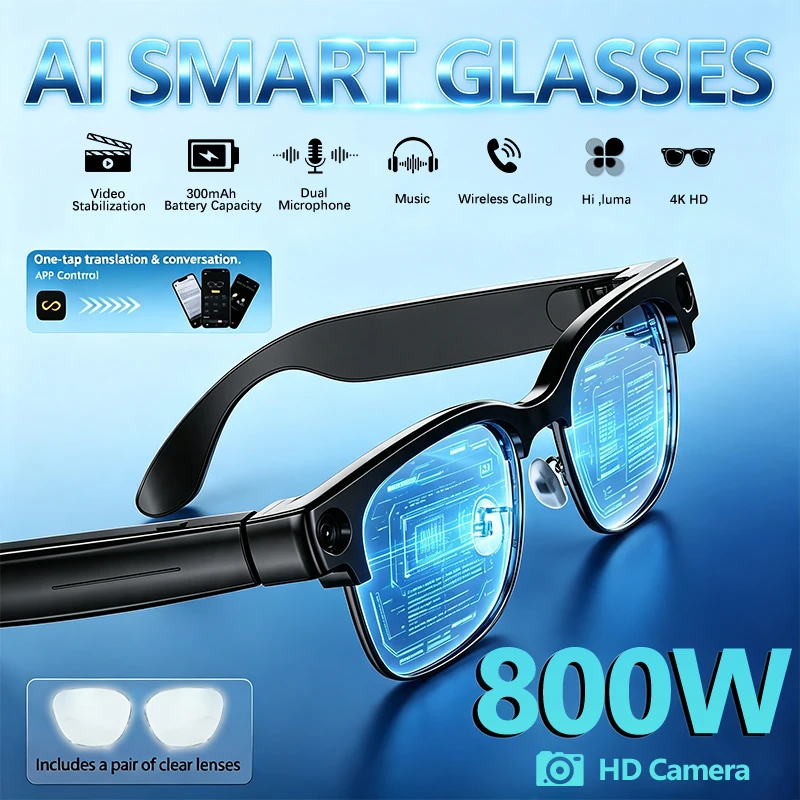 New Smart 8MP Camera Glasses 1080P Video Recording One-tap Translation AI Voice BT Call 300mAh Ultra-lightweight Smart Glasses