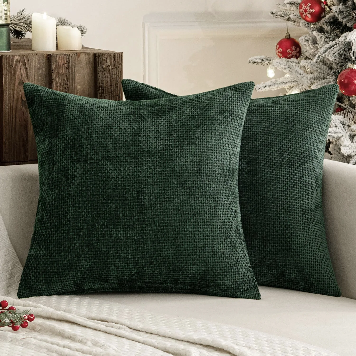 Dunkelgrüner Chenille-Kissenbezug 45 x 45 cm, Moderner Zierkissenbezug für Sofa und Schlafzimmer, Dekorativer Kissenbezug im Landhausstil