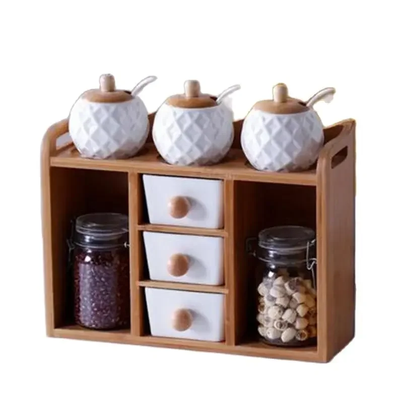 Pure White Ceramics Tea Caddy Set Multi-layer Glass Spice Jar with Wood Holder Sweets Storage Can Kit Seasoning Kitchen