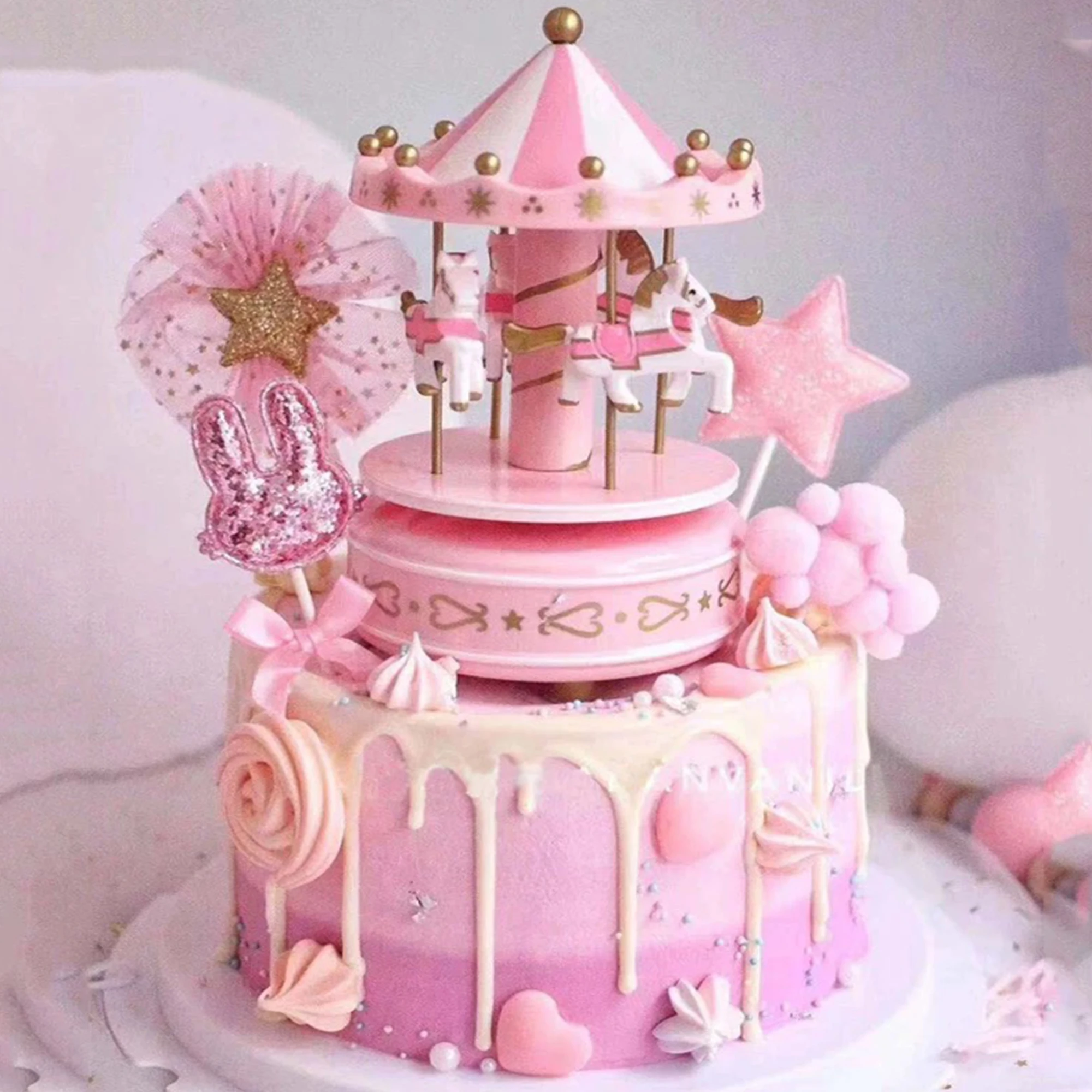 1pc Blau Rosa Luxus Karussell Kuchen Topper für Geburtstag Romantische Hochzeit Party Luxus Karussell Handarbeit Kuchen Dekoration Geschenke – Detail 4