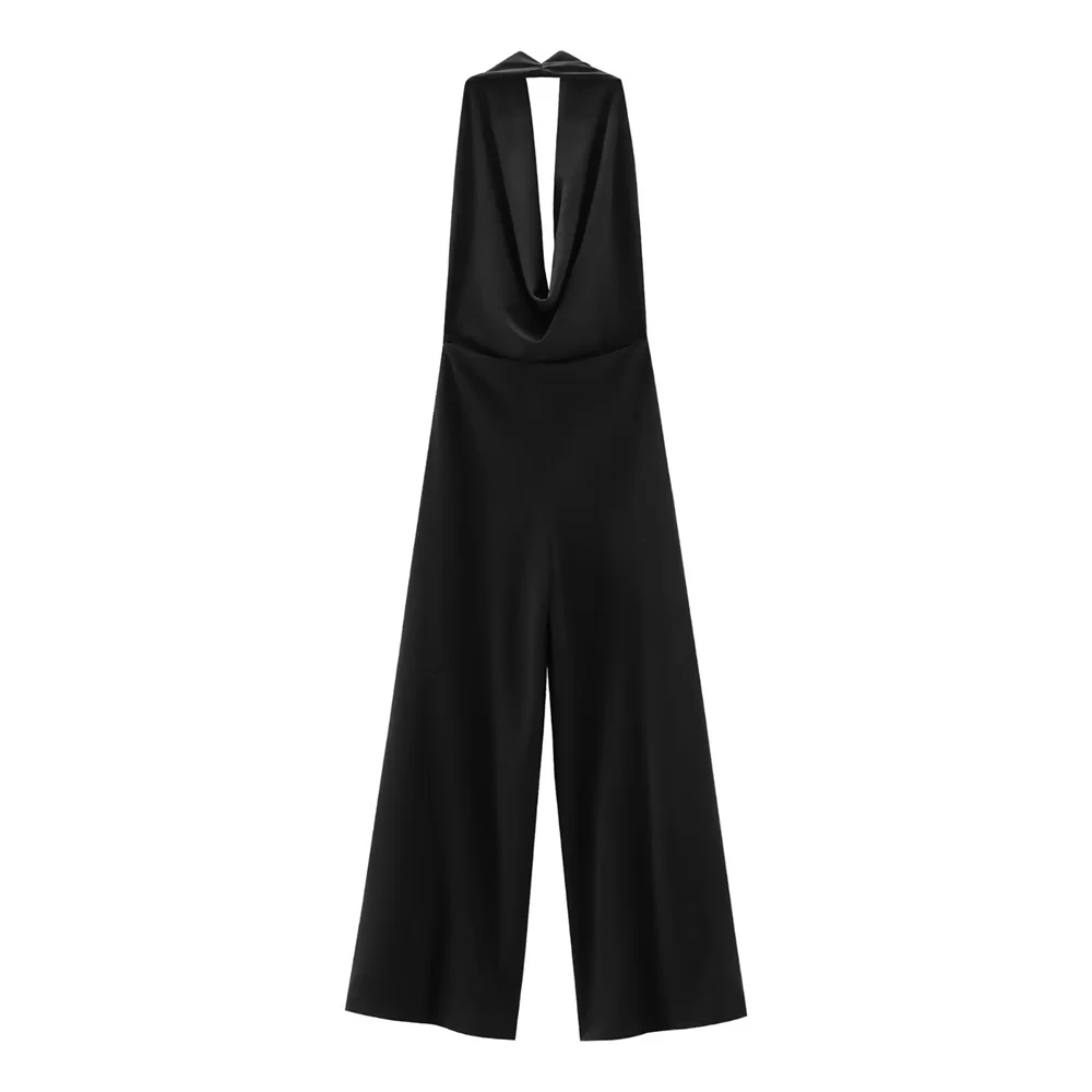 UNIZERA2024 Summer New Product Women\'s Temperament Sexy Open Back Hanging Neck Crepe Cloth Hanging Strap Wide Leg jumpsuit