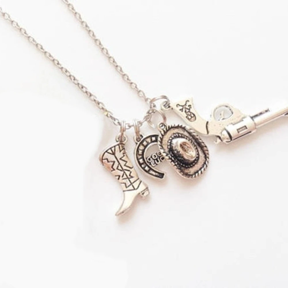 Hip-hop Retro  Gold Color Western Cowboy Boot Hat Pistol Pendant Necklace for Women Men Personality Fashion Jewelry Accessories view 4