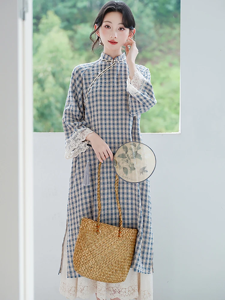 Women Autumn Winter Blue Plaid Long Sleeve Dress+White Lace Sling Dress Suits 2026 Korean Elegant Casaul Two Piece Dress Sets