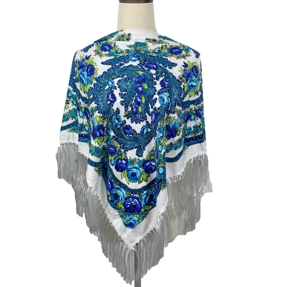 115*115cm Women Russian Style Floral Print Square Scarf Shawl Retro Fringed Scarves Wraps Ethnic Shawls Bandana Handkerchief