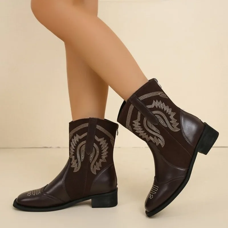 Spring and Fall New Style Fashion Pointy Solid Color Women's Mid-calf Boot with Mid-heel Sleeves Embroidered Western Cowboy Boot