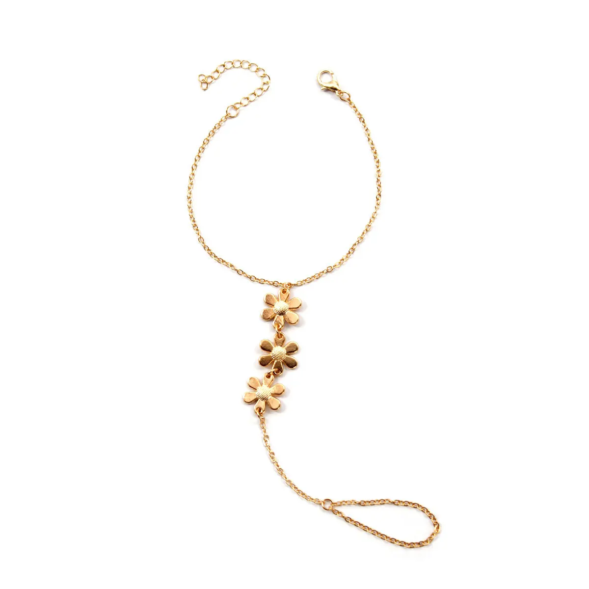 Simple flower Pendant Chain Bracelet Link Connected Gold plated Wide Finger Ring Bracelets for Women Link Hand Harness Jewelry