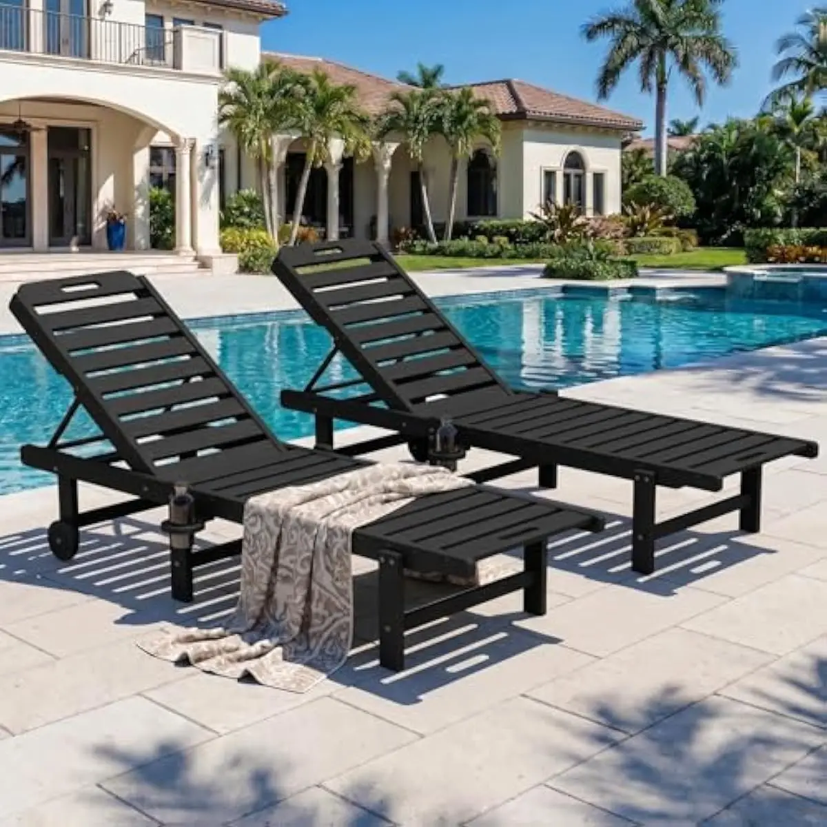HDPE Outdoor Chaise Lounge Pair with 5-Position Recline, Integrated Cup Holder, Dual Wheels & Ergonomic Handle, Weatherproof Res