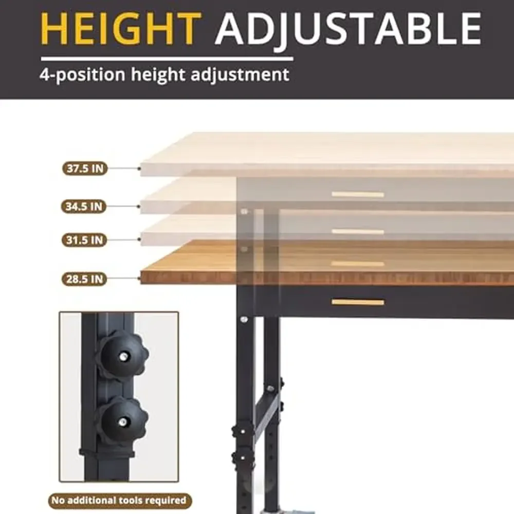 서랍 바퀴가 있는 조정식 작업대, 전원 콘센트, 대나무 목재 강철 프레임, 2700 lbs 용량