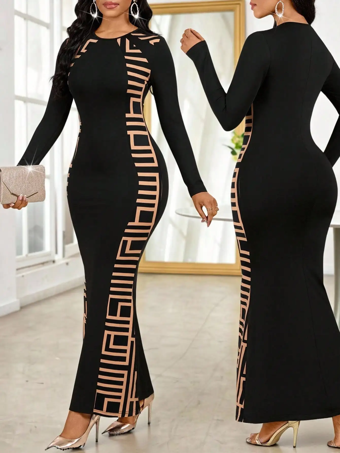 

Черное длинное платье макси с геометрическим принтом и рукавами-крылышками для вечерних мероприятий