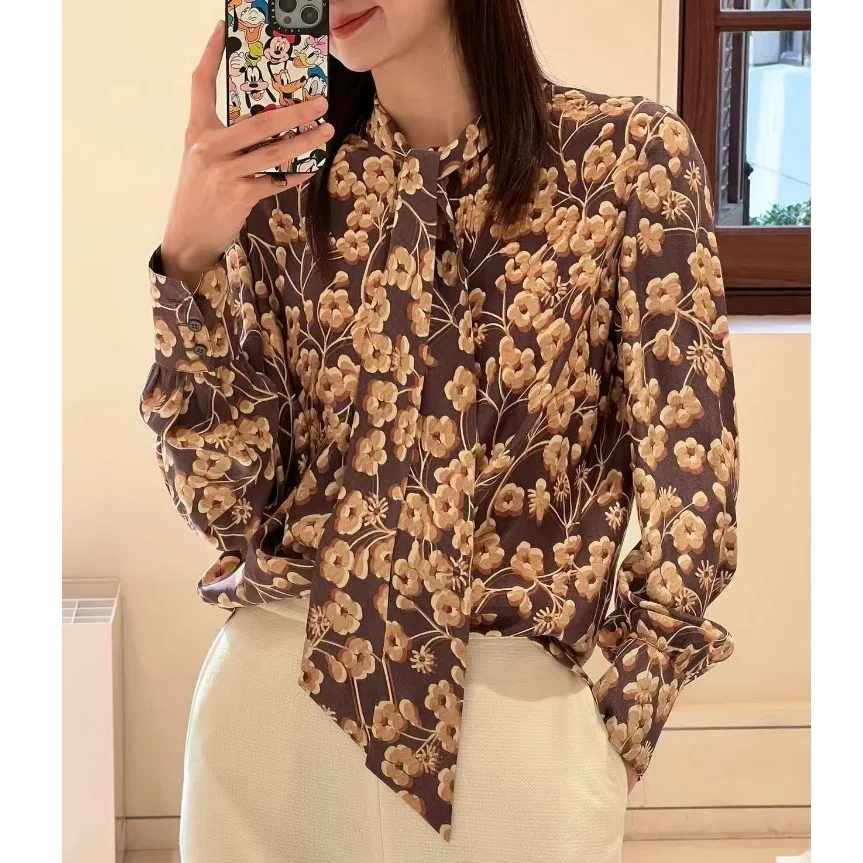 Withered Printed Ribbon Shirt Temperament Small Yellow Flower Long Sleeved Shirt Woman Clothes Shirts & Blouses Women's Clothes