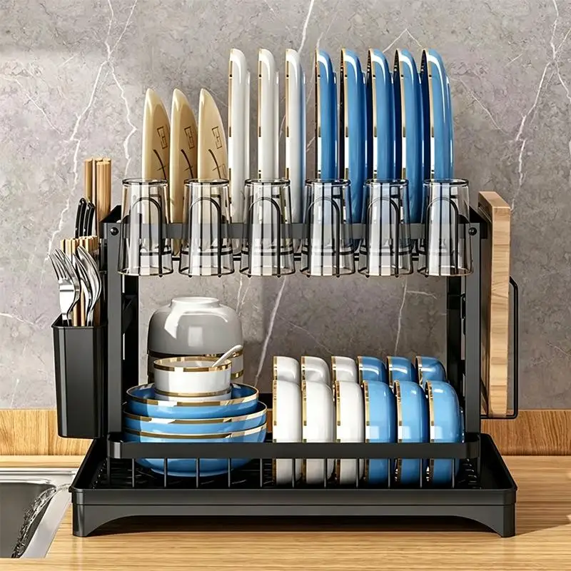 New 2 Tier Metal Dish Drying Rack With Utensil Cup Holder And Drainboard For Kitchen Countertop Storage Organization