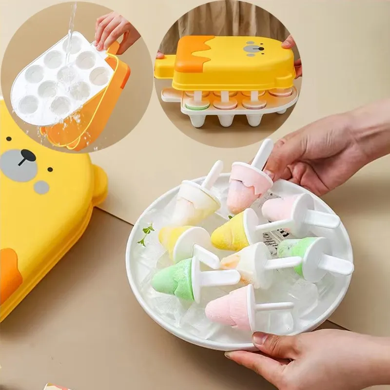 

10 Holes Cute Cheesepudding Bear Ice Cream Food Grade Mold Cover Popsicle Ice Cube Maker Tray Mold Kitchen Accessories