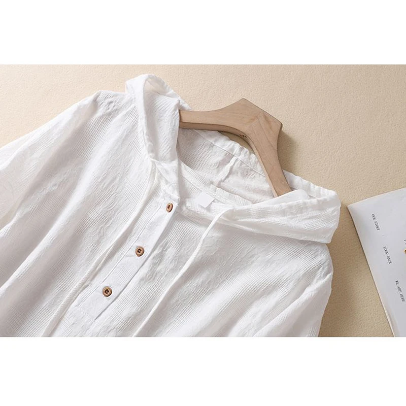 Women Summer Embroidery Simple Retro Cotton Linen Blouse Irregular Short Sleeve Loose Tops Female Casual Drawstring White Shirts