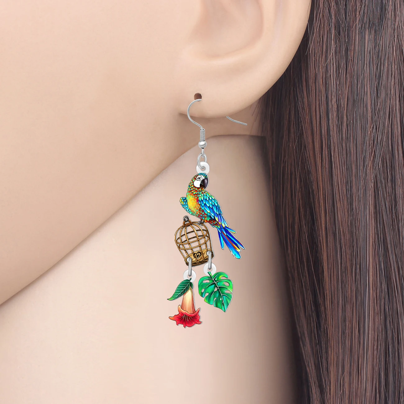 BONSNY Acrylic Colorful Macaw Parrot Earrings Tropical Birds Cage Dangle Spring Garden Jewelry Gifts For Women Girls Bird Lovers