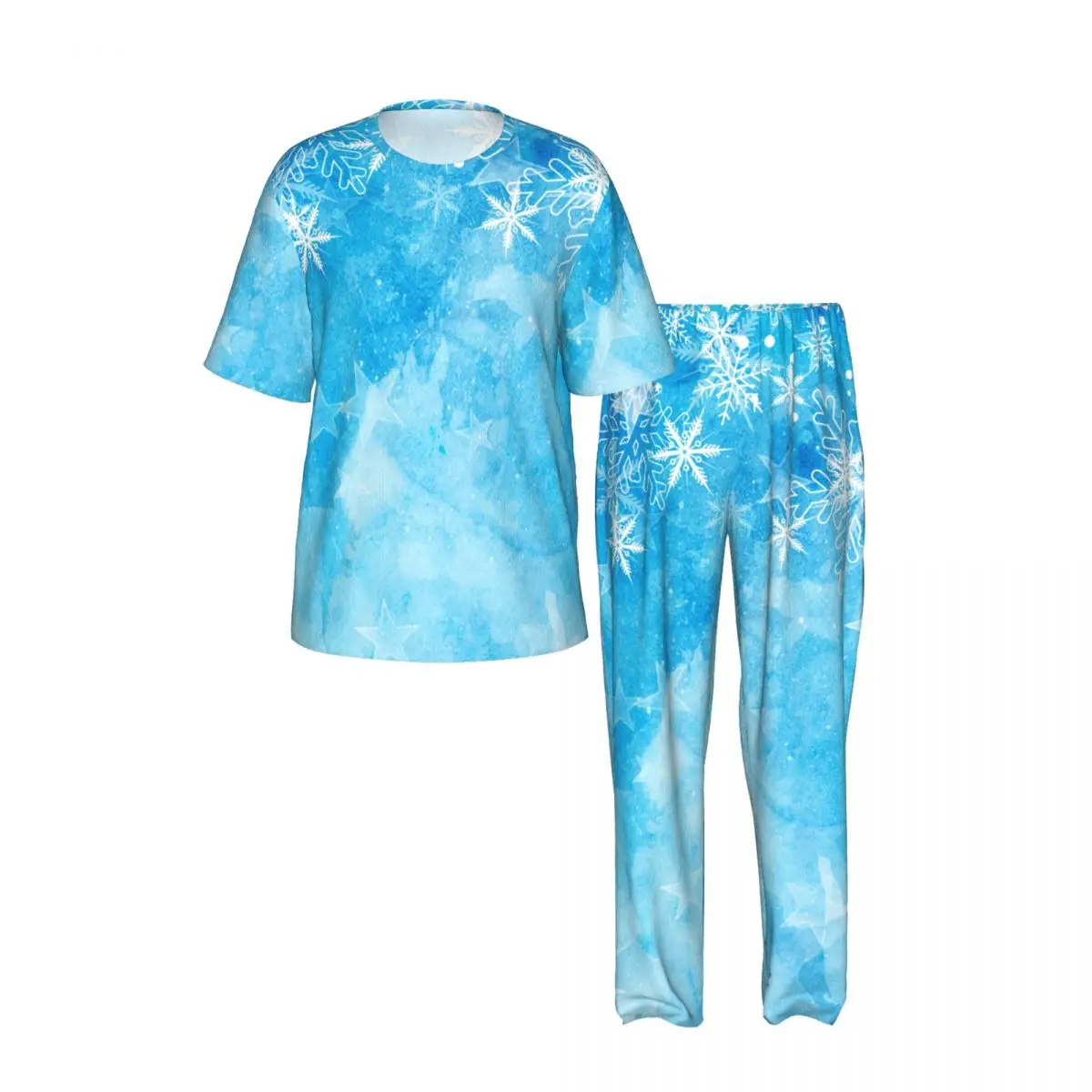 Men's Pajamas Set Summer Short-Sleeve Tops + Long Pants Nightwear Home Wear Suits Christmas Snowflakes Stars Sleepwear