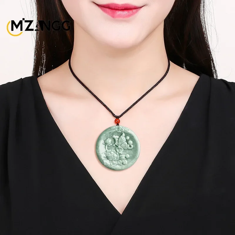 Authentic Natural A Goods Jadeite Butterfly Peony Open Rich Pendant Bean Green Ice Women\'s Jade Necklace Fashion Luxury Jewelry