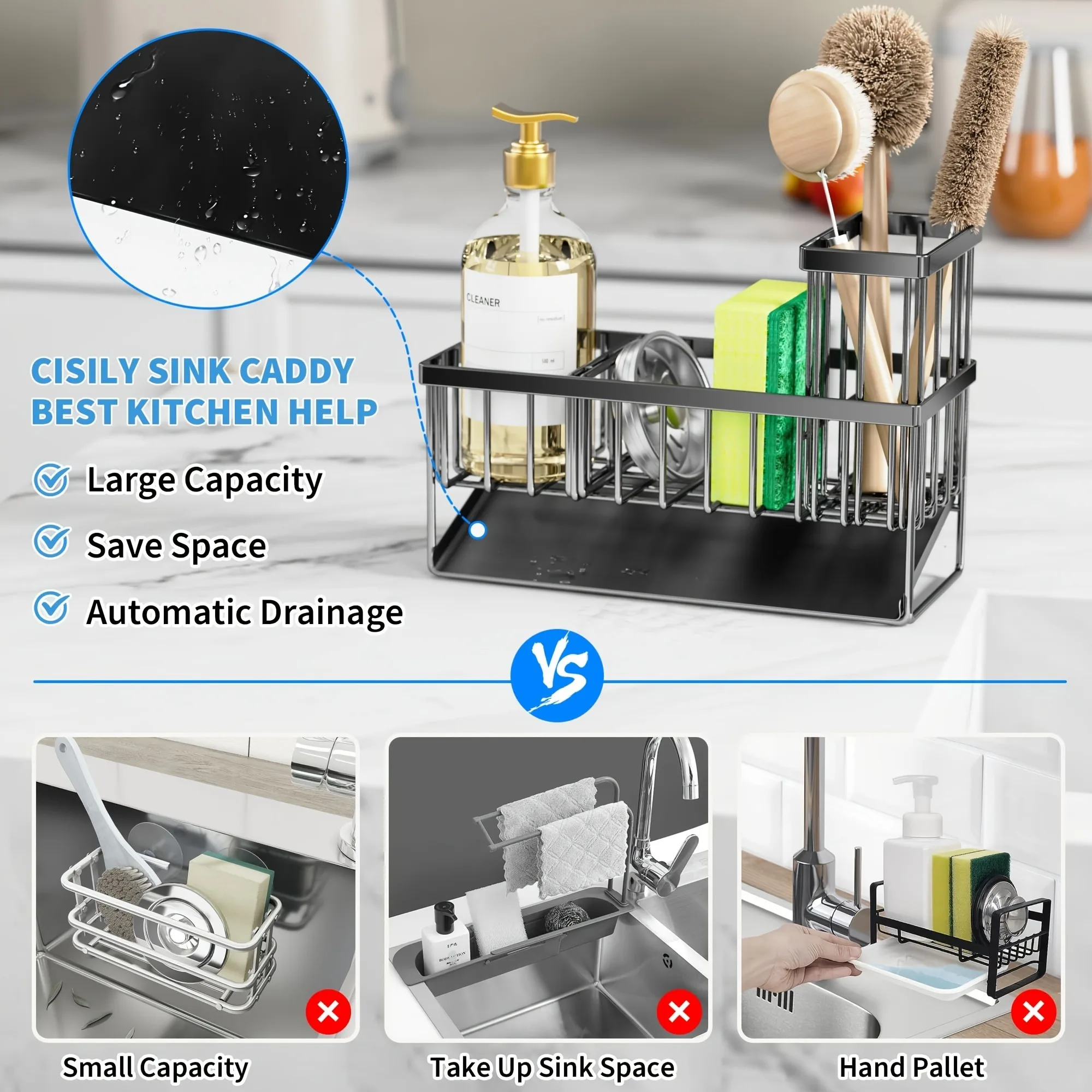 Self-draining Sink Shelf Stainless Steel Kitchen Sink Caddy Drain Rack Soap Sponge Holder Drainer for Kitchen Sink Organizer