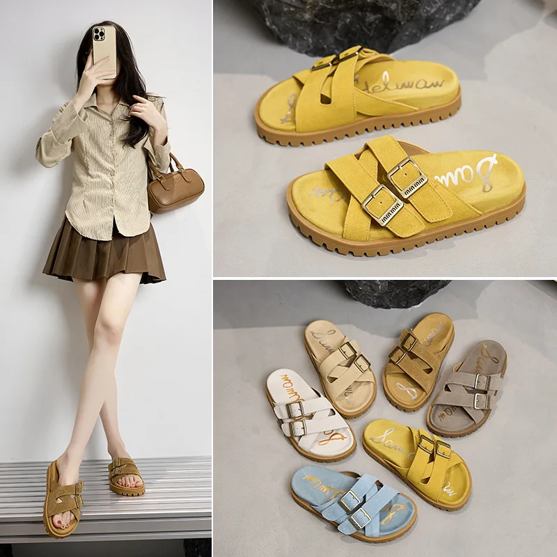 

Летние кожаные сандалии с пряжкой и толстой подошвой для женщин, пляжные шлепанцы