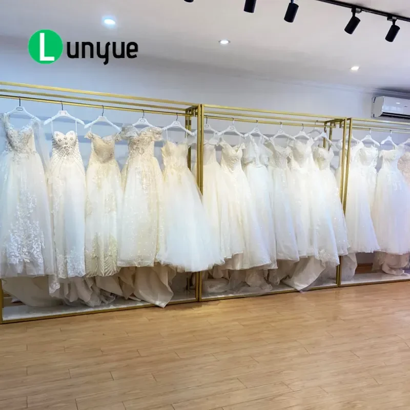 Gold Floor to Ceiling Wedding Dress Rack Wrought Iron High End Display Stand for Clothing Store Studio Photo Shoot Garment