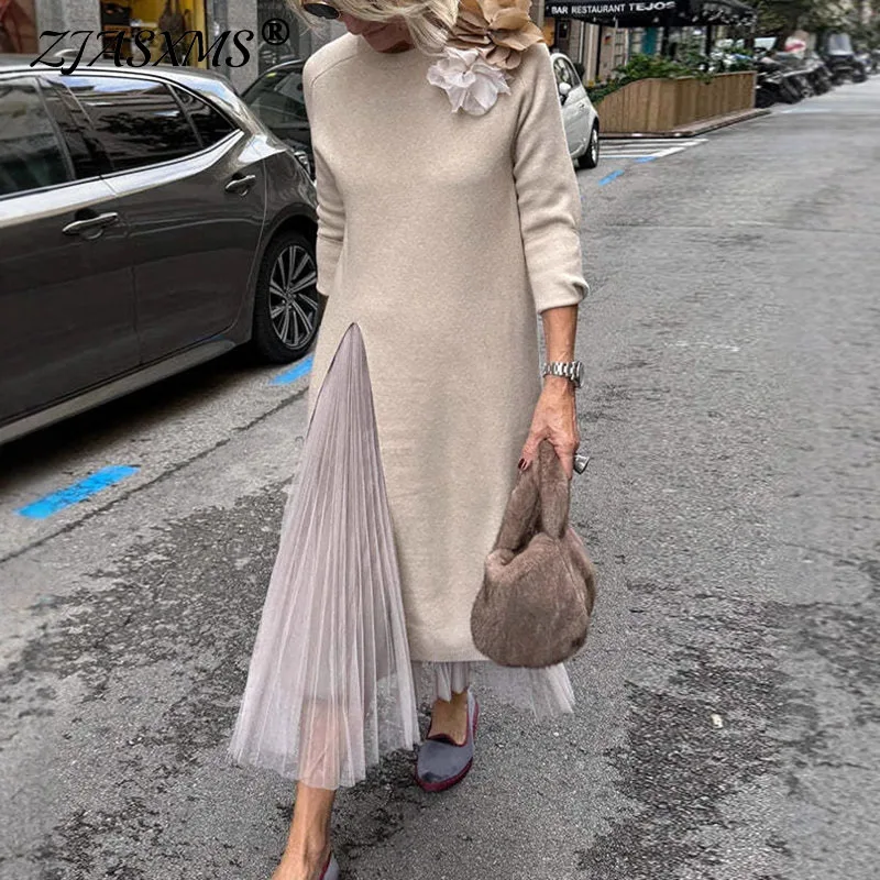 

Spring Casual O Neck Patchwork Mesh Long Dress Woman Elegant Solid Split Pleated Party Dresses Long Sleeve Autumn Pullover Dress