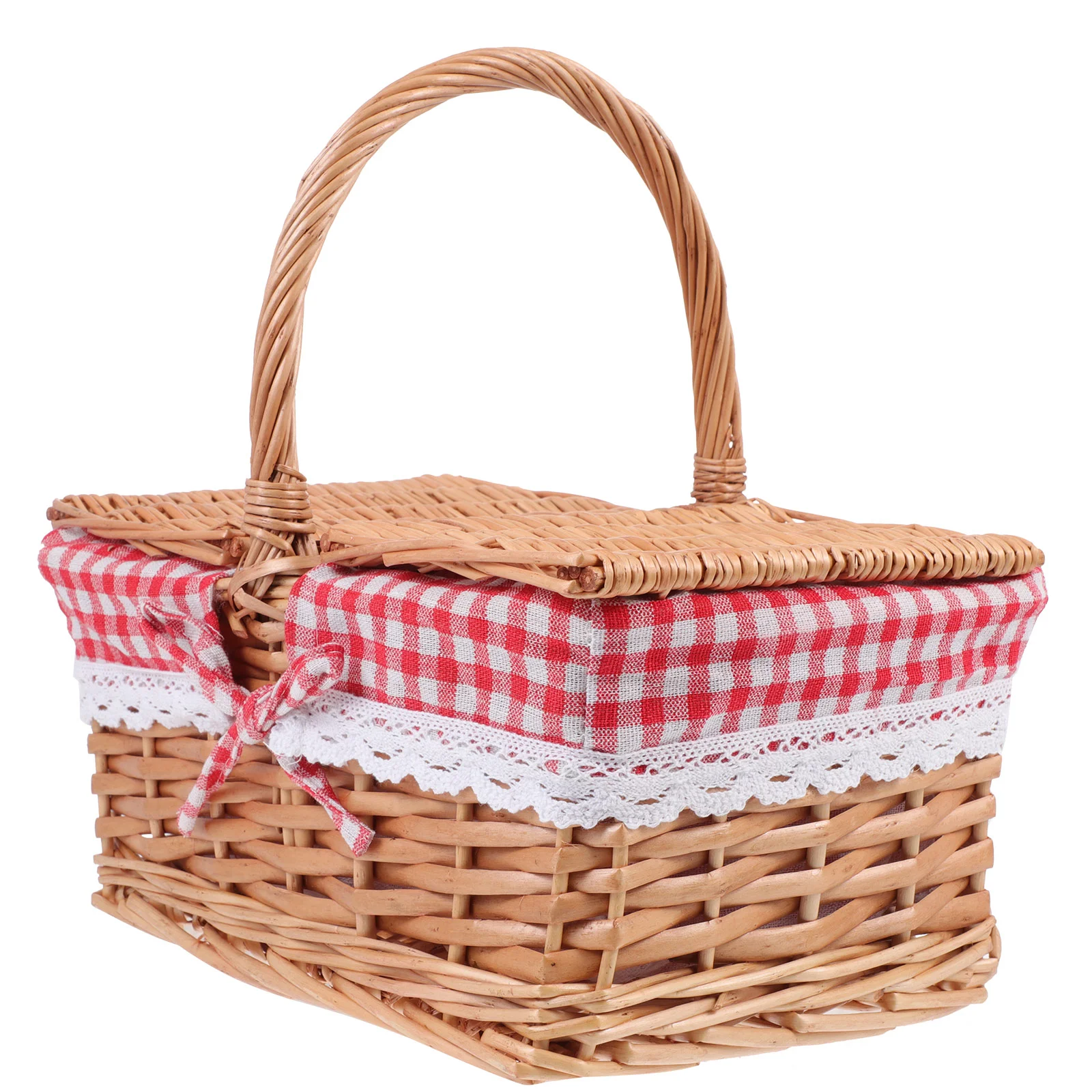 

Wicker Picnic Basket Split Lid Woven Basket Vintage Picnic Hamper Woodchip Storage Container Organizer Bins Handle Liner Camping