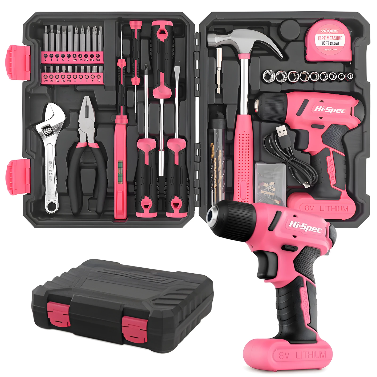 

Drill Set 92pc Pink Tool Set 8V USB Electric Drill Driver & Household Tool Kit. DIY Cordless Power Screwdriver