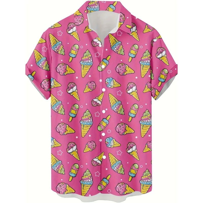 

Men's 3D ice cream print casual shirt-bright pink short sleeve Hawaiian Style, suitable for beach, BBQ, and street wear Regula