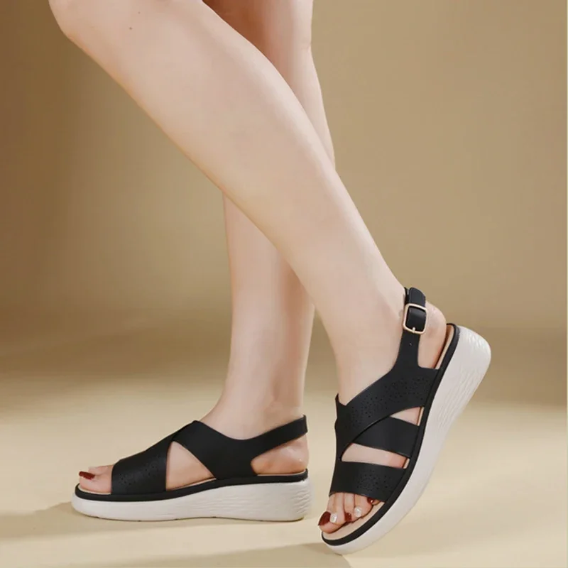 2025 Summer Shoes Wedges Sandals Flat Platform Fashion Ladies Holiday Shoes Wedge Heel 4cm Plus Size 41 Pink Black D330