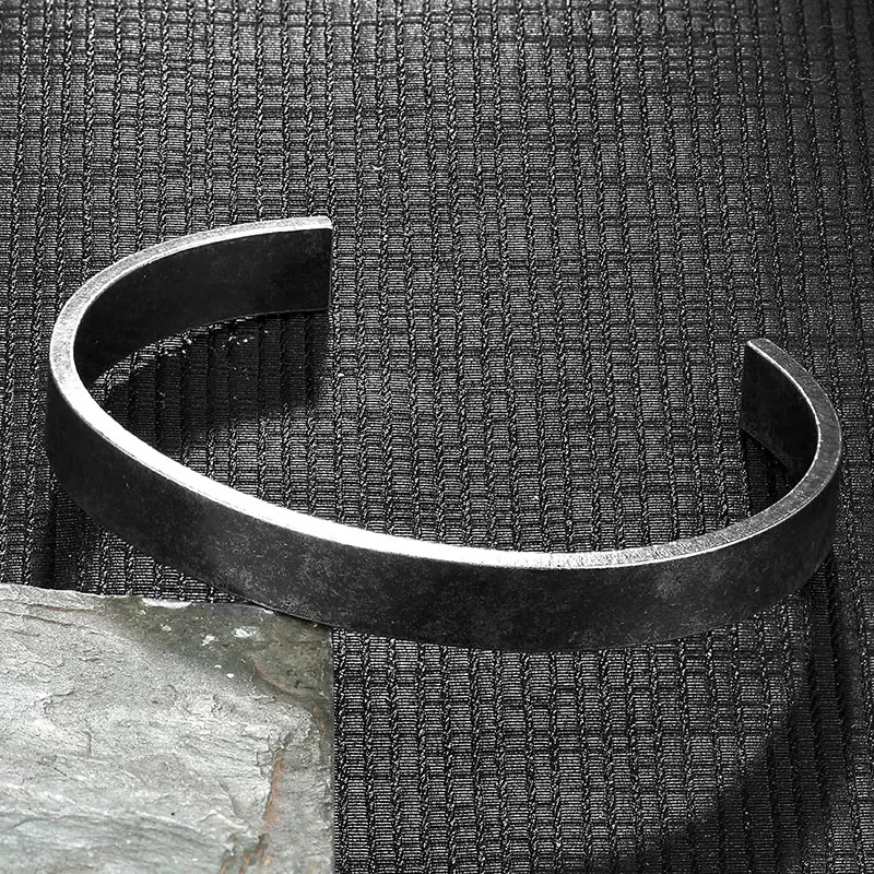 MKENDN Punk Men Vintage Oxidized Black Stainless Steel Simple  Cuff Bracelet Bangle For Him Valentines Day Gift